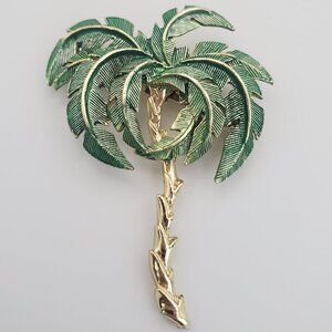 NEWER Vintage Palm Tree Brooch Gold Tone & Green Detailed Scaled Trunk & Leaves